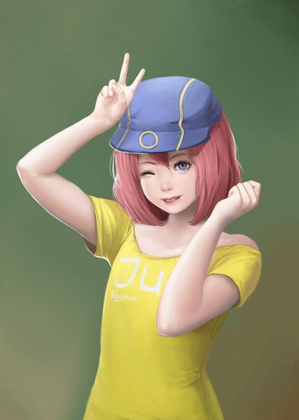 Anime picture 1197x1683 with original lika (jubi) jubi (regiana) single tall image looking at viewer fringe short hair simple background purple eyes signed red hair one eye closed realistic arms up victory green background girl hat t-shirt