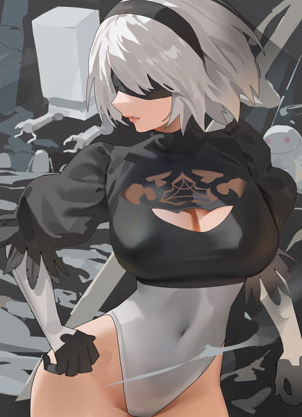 Anime picture 2767x3817 with nier nier:automata yorha no. 2 type b pod (nier:automata) hood (james x) single tall image fringe highres short hair breasts light erotic large breasts standing cleavage silver hair parted lips profile mole puffy sleeves