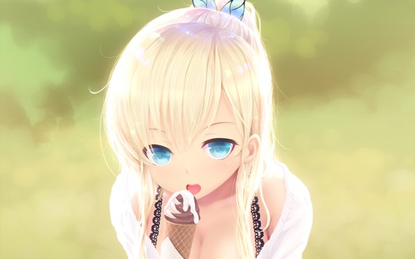 Anime picture 1920x1200 with boku wa tomodachi ga sukunai kashiwazaki sena cait single long hair looking at viewer highres open mouth blue eyes light erotic blonde hair ponytail girl hair ornament food sweets ice cream butterfly hair ornament
