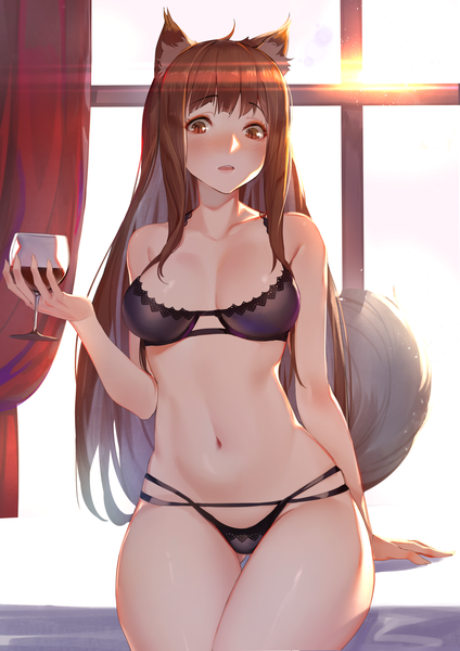 Anime picture 2894x4093 with spice and wolf horo raijuu (bakanara) single long hair tall image looking at viewer blush fringe highres breasts open mouth light erotic brown hair sitting bare shoulders brown eyes signed animal ears payot