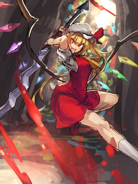 Anime picture 1200x1600 with touhou flandre scarlet temmasa22 single long hair tall image looking at viewer open mouth blonde hair red eyes one side up fighting stance girl dress weapon wings blood bonnet red dress crystal