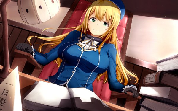 Anime picture 1314x824 with kantai collection atago heavy cruiser 8gou single long hair blue eyes blonde hair smile sitting girl dress gloves black gloves book (books) beret