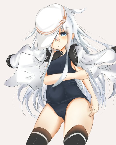 Anime picture 1660x2080 with kantai collection hibiki destroyer verniy destroyer fate eve single long hair tall image blush blue eyes light erotic simple background white background white hair open clothes open jacket hammer and sickle girl thighhighs swimsuit jacket