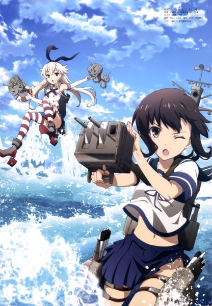 Anime picture 2841x4093 with kantai collection shimakaze destroyer fubuki destroyer katou hiromasa long hair tall image highres short hair open mouth black hair multiple girls brown eyes sky cloud (clouds) white hair one eye closed wink scan official art girl