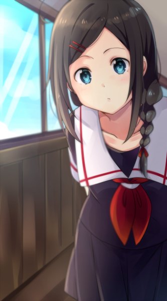 Anime picture 690x1240 with kantai collection shigure destroyer yukichi (eikichi) single long hair tall image looking at viewer blush blue eyes black hair payot indoors braid (braids) leaning forward single braid girl uniform serafuku window hairclip