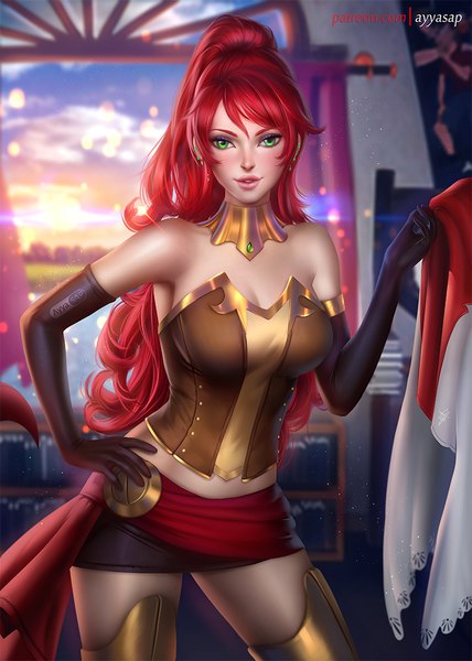 Anime picture 720x1008 with rwby rooster teeth pyrrha nikos ayyasap single long hair tall image looking at viewer fringe breasts light erotic standing holding green eyes signed sky cleavage ponytail red hair light smile