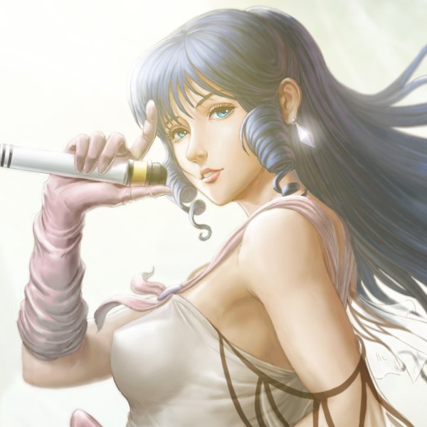 Anime picture 1000x1001 with macross macross: do you remember love? lynn minmay minhospen single long hair tall image looking at viewer fringe blue eyes simple background bare shoulders holding payot blue hair upper body parted lips realistic grey background lipstick