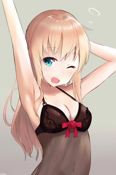 Anime picture 1425x2150 with kantai collection warspite (kantai collection) kara (color1087) single long hair tall image fringe breasts open mouth light erotic simple background blonde hair looking away upper body one eye closed arm up aqua eyes grey background arms up armpit (armpits)