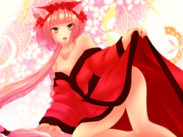 Anime picture 1600x1200 with vocaloid nekomura iroha harukaze tsukushi single long hair open mouth light erotic smile bare shoulders animal ears yellow eyes pink hair ponytail japanese clothes cat ears girl