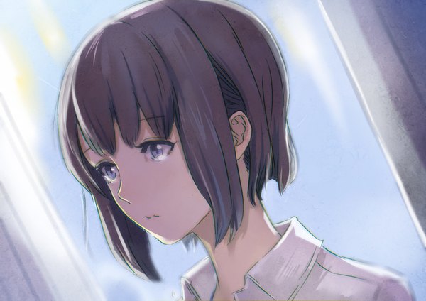 Anime picture 3507x2480 with original okuto single fringe highres short hair brown hair payot looking away absurdres grey eyes face crying sad girl shirt white shirt