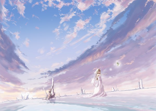 Anime picture 3000x2130 with original rery rr23 single long hair highres blue eyes blonde hair sky cloud (clouds) girl dress gloves flower (flowers) elbow gloves bouquet wedding dress