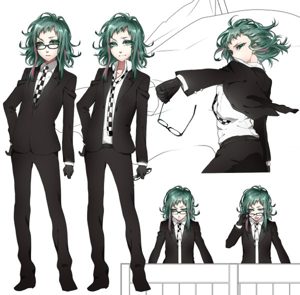 Anime picture 1218x1198 with vocaloid gumi ohagi (ymnky) short hair open mouth white background green eyes green hair group multiview open collar girl gloves shirt glasses necktie suit