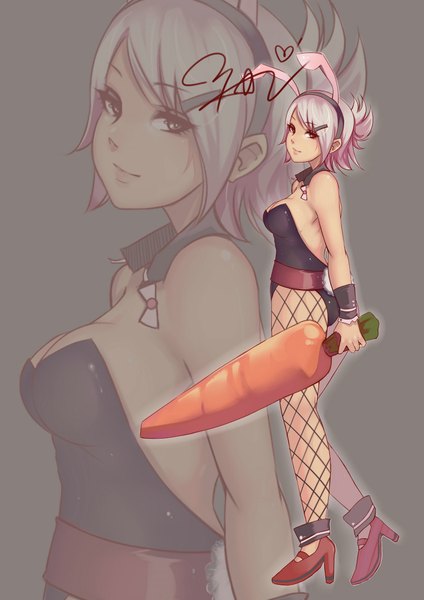 Anime picture 1488x2104 with league of legends riven (league of legends) caomeichi tang single tall image looking at viewer short hair breasts light erotic simple background animal ears light smile grey hair grey background orange eyes bunny ears zoom layer girl hair ornament hairclip