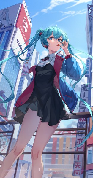 Anime picture 1646x3160 with vocaloid nintendo square enix hatsune miku expo hatsune miku hei huo chong single long hair tall image fringe blue eyes hair between eyes standing twintails holding blue hair sky cloud (clouds) outdoors very long hair