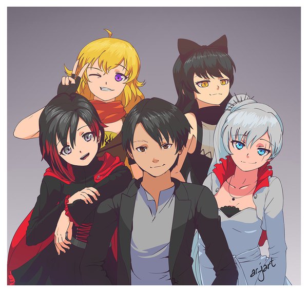 Anime picture 1400x1327 with rwby rooster teeth ruby rose weiss schnee blake belladonna yang xiao long monty oum (person) ar jart long hair looking at viewer short hair blue eyes black hair simple background blonde hair smile purple eyes multiple girls brown eyes signed