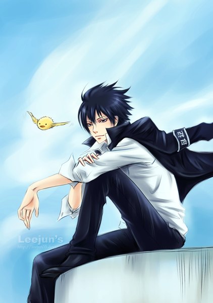 Anime picture 1024x1457 with katekyou hitman reborn hibari kyouya hibird leejun35 tall image short hair black hair purple eyes sky cloud (clouds) boy animal shirt bird (birds) pants