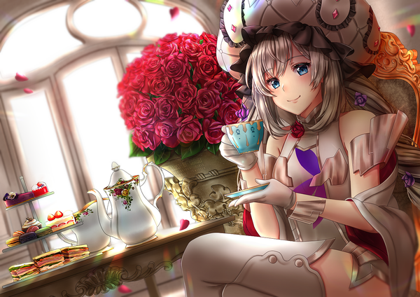 Anime picture 1360x962 with fate (series) fate/grand order marie antoinette (fate/grand order) saruei single long hair looking at viewer blush fringe blue eyes smile sitting bare shoulders holding payot indoors grey hair wide sleeves dutch angle crossed legs