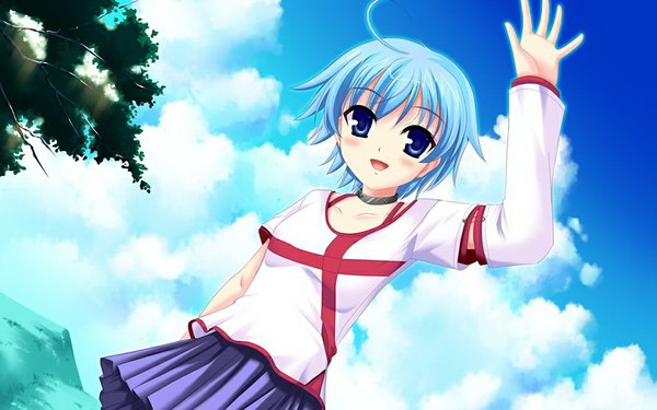 Anime picture 1024x640 with doinaka channel 5 mikagami ren short hair blue eyes wide image blue hair game cg girl