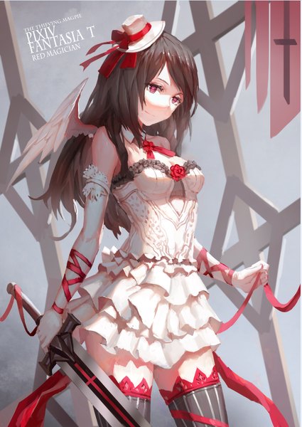 Anime picture 638x900 with original pixiv fantasia pixiv fantasia t zxq single long hair tall image smile red eyes brown hair bare shoulders white wings girl thighhighs dress gloves flower (flowers) ribbon (ribbons) hair ribbon hat