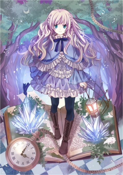Anime picture 1000x1414 with original nozomi fuuten single long hair tall image blue eyes blonde hair girl dress plant (plants) tree (trees) book (books) clock crystal lamp pocket watch