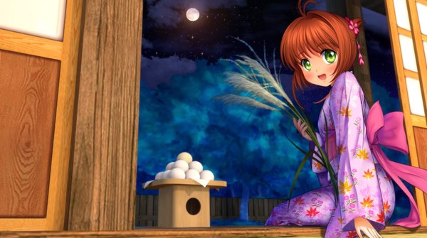 Anime picture 1788x1000 with card captor sakura clamp kinomoto sakura mutsuki (moonknives) single looking at viewer blush highres short hair open mouth brown hair wide image sitting green eyes traditional clothes japanese clothes night loli girl plant (plants)