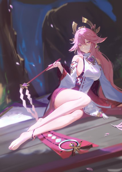 Anime picture 1100x1546 with genshin impact yae miko dongfangzhong111 single long hair tall image looking at viewer fringe breasts light erotic hair between eyes large breasts sitting purple eyes bare shoulders holding animal ears pink hair bent knee (knees) nail polish