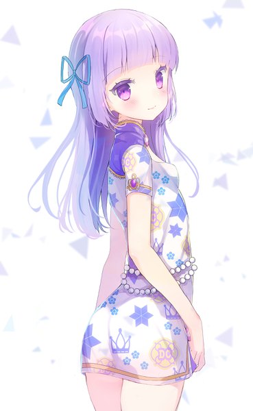 Anime picture 1860x3018 with aikatsu! hikami sumire reta (honoka1230zero) single long hair tall image looking at viewer blush fringe highres standing purple eyes payot purple hair blunt bangs traditional clothes looking back light smile chinese clothes girl