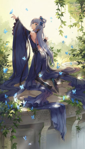 Anime picture 1140x2000 with vocaloid vocaloid china luo tianyi mool yueguang single long hair tall image fringe blue eyes hair between eyes signed payot silver hair full body outdoors nail polish arm up light smile sunlight wide sleeves