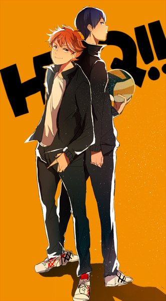 Anime picture 491x888 with haikyuu!! production i.g kageyama tobio hinata shouyou mii (sogemasaru) tall image short hair blue eyes simple background smile standing blue hair looking away full body profile orange hair multiple boys shadow orange eyes copyright name