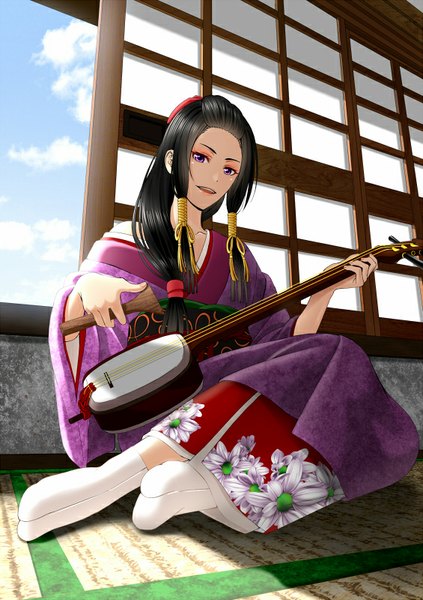 Anime picture 565x800 with original itoguchi (manma melon) single long hair tall image looking at viewer open mouth black hair purple eyes sky cloud (clouds) traditional clothes japanese clothes playing instrument girl kimono musical instrument shamisen