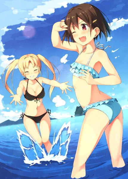 Anime picture 1200x1679 with original kinta (distortion) long hair tall image blush short hair breasts open mouth light erotic blonde hair red eyes brown hair twintails multiple girls cleavage eyes closed teeth fang (fangs) flat chest girl