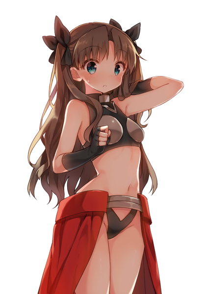 Anime picture 1000x1414 with fate (series) fate/stay night type-moon toosaka rin shnva single long hair tall image looking at viewer blush fringe blue eyes light erotic simple background brown hair white background twintails midriff alternate costume girl