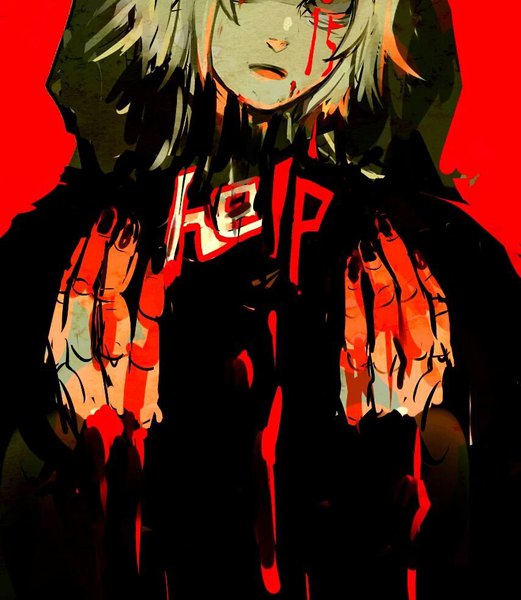 Anime picture 854x983 with tokyo ghoul studio pierrot takizawa seidou pencil 15 single tall image short hair simple background red eyes upper body white hair nail polish arms up tears red background blood on face bloody clothes spoilers bloody tears boy