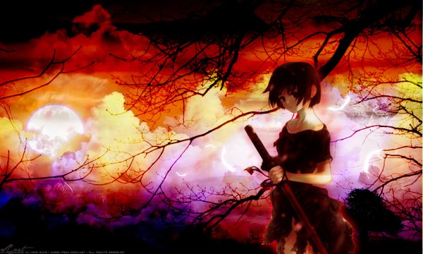 Anime picture 1280x768 with haia single looking at viewer short hair wide image signed third-party edit sheathed bare tree girl plant (plants) tree (trees) sheath