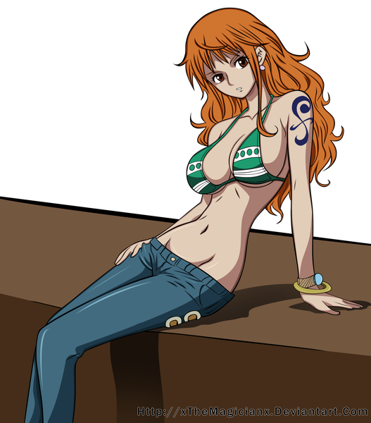 Anime picture 3512x4000 with one piece toei animation nami (one piece) single long hair tall image highres breasts light erotic large breasts absurdres orange hair orange eyes tattoo transparent background vector girl navel bikini top jeans