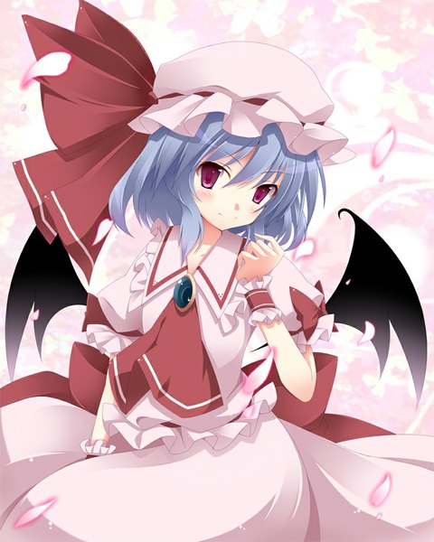 Anime picture 800x1000 with touhou remilia scarlet kurono yuzuko single tall image looking at viewer blush fringe short hair smile purple eyes blue hair bat wings girl petals wings bonnet neckerchief brooch