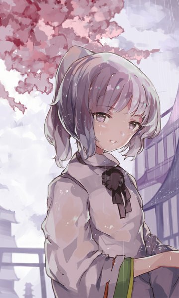 Anime picture 540x900 with touhou mononobe no futo hillly (maiwetea) single tall image looking at viewer fringe short hair ponytail traditional clothes japanese clothes grey hair grey eyes cherry blossoms rain spring girl plant (plants) tree (trees)