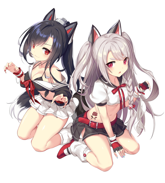 Anime picture 3930x4369 with azur lane yuudachi (azur lane) shigure (azur lane) ikomochi long hair tall image looking at viewer blush fringe highres breasts open mouth light erotic black hair simple background red eyes white background multiple girls animal ears payot