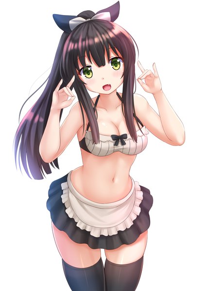 Anime picture 1200x1697 with urara meirochou j.c. staff tatsumi kon kazenokaze single long hair tall image looking at viewer blush fringe breasts open mouth light erotic black hair simple background hair between eyes white background green eyes cleavage arms up