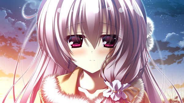 Anime picture 1280x720 with 12 no tsuki no eve shiina mizuka single long hair looking at viewer blush red eyes wide image game cg sky silver hair cloud (clouds) light smile girl