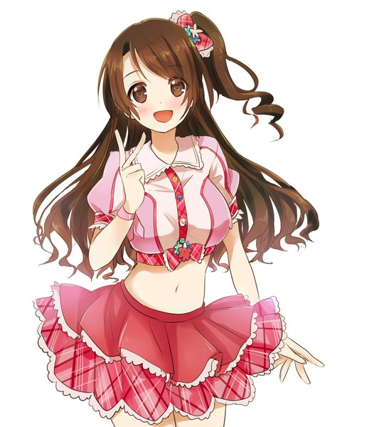 Anime picture 1815x2071 with idolmaster idolmaster cinderella girls shimamura uzuki domaro yui single long hair tall image looking at viewer blush fringe highres open mouth simple background brown hair white background brown eyes :d from above bare belly one side up