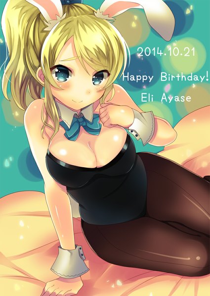 Anime picture 807x1140 with love live! school idol project sunrise (studio) love live! ayase eli hikari no single long hair tall image looking at viewer blush fringe breasts light erotic blonde hair smile large breasts sitting bare shoulders animal ears ponytail