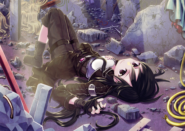 Anime picture 1005x712 with sword art online a-1 pictures kirigaya kazuto mechonke single long hair looking at viewer black hair smile lying black eyes ruins boy gloves boots armor fingerless gloves wire (wires)