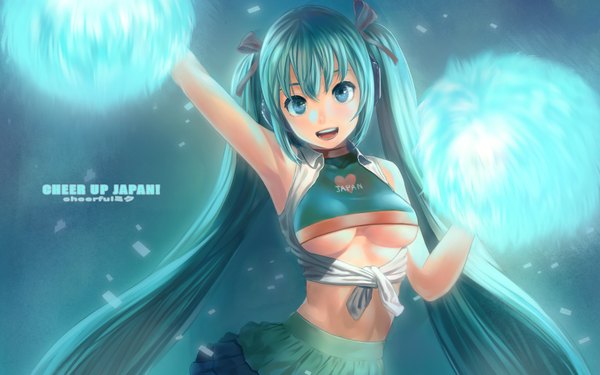 イラスト 1920x1200 と ボーカロイド 初音ミク lasterk ソロ 長髪 highres 開いた口 青い目 wide image ツインテール aqua hair 下乳 cropped 女の子 スカート ミニスカート