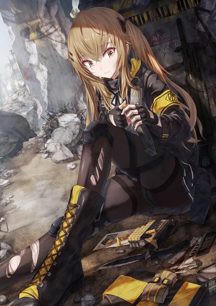 Anime picture 1200x1697 with girls frontline ump9 (girls frontline) bae.c single long hair tall image fringe light erotic hair between eyes brown hair sitting twintails holding brown eyes payot outdoors pleated skirt looking down scar lacing