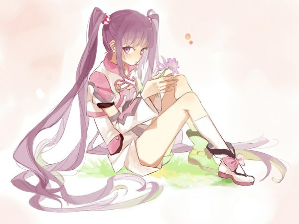 Anime picture 1100x825 with tales of (series) tales of graces sophie (tales) buun ko single looking at viewer blush sitting purple eyes twintails purple hair full body very long hair girl flower (flowers) detached sleeves socks shorts white socks