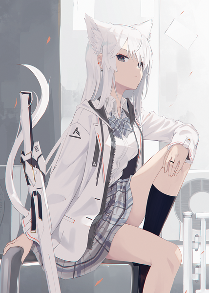 Anime picture 1399x1962 with original nagishiro mito single long hair tall image looking at viewer fringe hair between eyes sitting animal ears payot bent knee (knees) white hair tail long sleeves animal tail cat ears open jacket cat girl cat tail