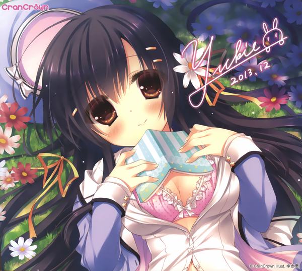 Anime picture 3132x2805 with original yukie (peach candy) single long hair looking at viewer blush highres light erotic black hair smile brown eyes signed absurdres cleavage scan open clothes open shirt girl flower (flowers) ribbon (ribbons)