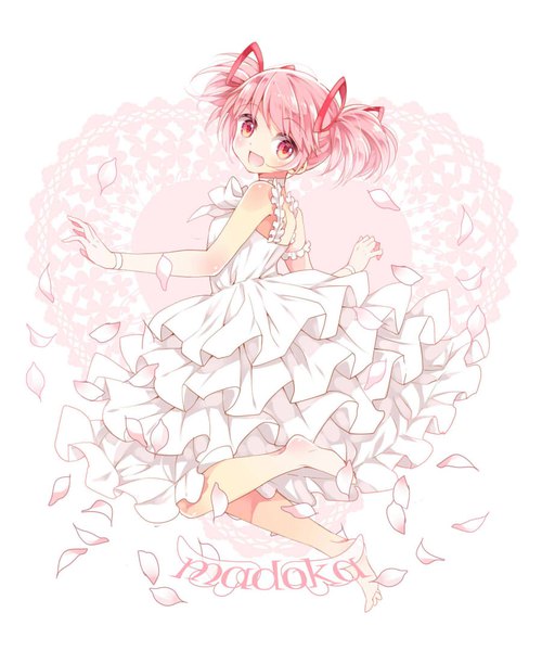 Anime picture 900x1080 with mahou shoujo madoka magica shaft (studio) kaname madoka ayumaru (art of life) single tall image short hair open mouth twintails bare shoulders pink hair full body :d pink eyes barefoot character names short twintails frilled dress jumping girl