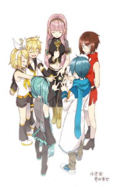 イラスト 539x871 と ボーカロイド 初音ミク 巡音ルカ 鏡音リン 鏡音レン kaito (vocaloid) meiko いお 長髪 長身像 赤面 前髪 短い髪 開いた口 simple background 金髪 笑顔 茶色の髪 白背景 multiple girls